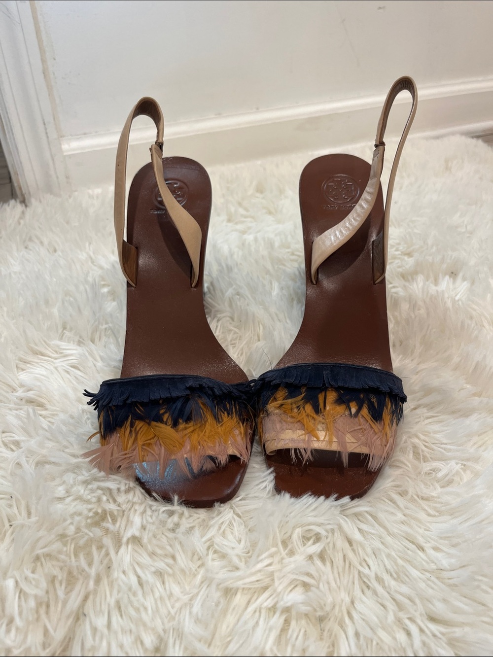 Tory Burch Brown Slingback Heels with Navy, Yellow & Blush Feather Trim